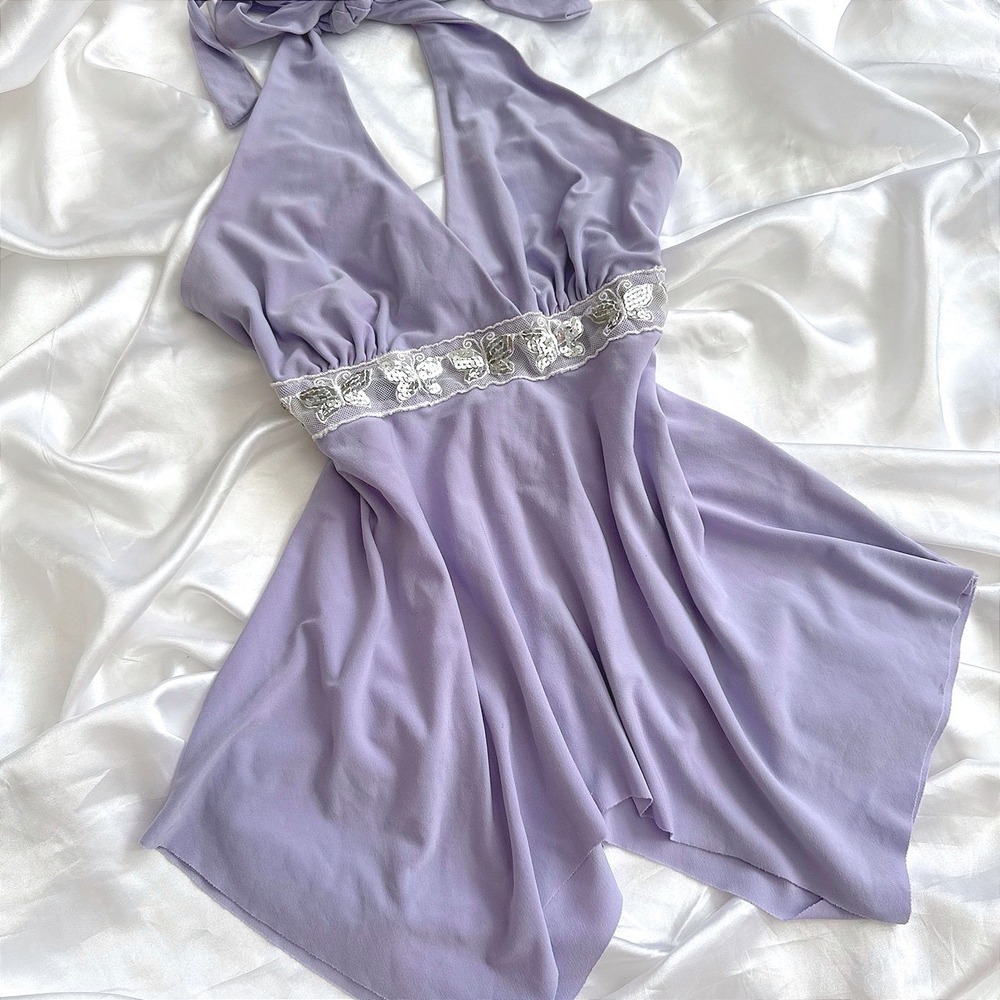 Body Central Lavender Butterfly Sequin Halter Top Y2K Purple Handkerchief Hem